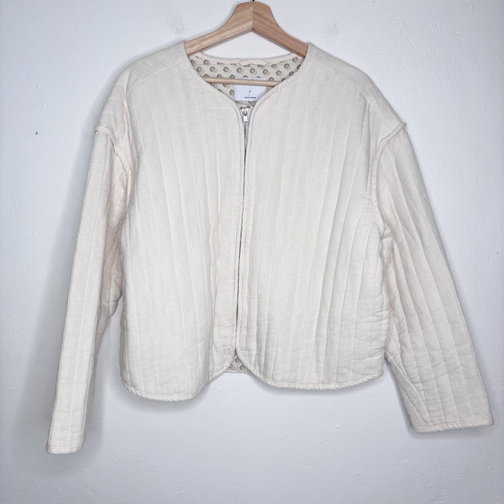 Old Navy Quilted Utility Jacket Ivory Boxy Full Zip Size L EUC
